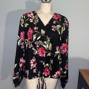 Apt. 9 Black and Pink Floral Button-Up Blouse cinched waist top shirt medium